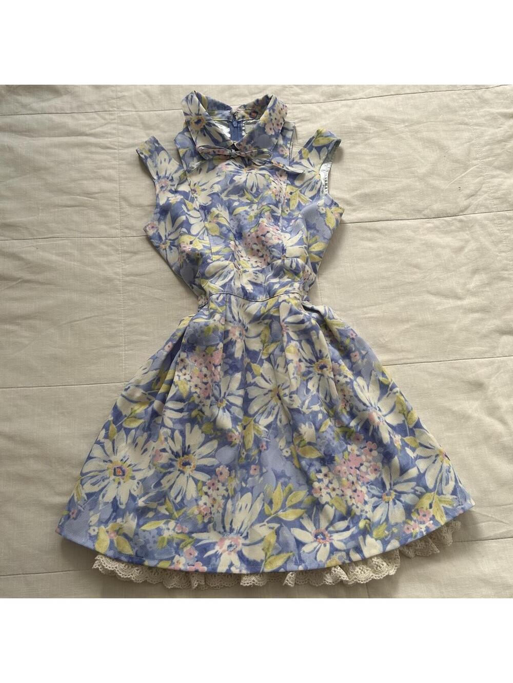 Liz Lisa Powder Blue Floral Print Bow Collar Dress Size M Japan